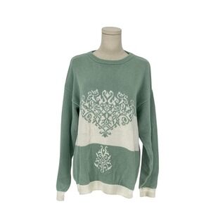 IZOD CLUB Vintage Hand Intarsia Sweater Light Green Cotton Ladies L
